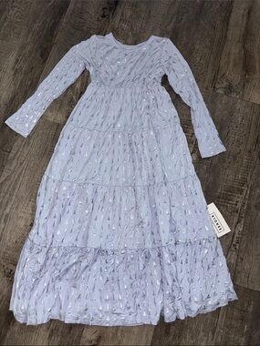 Kickee Long Sleeve Tiered Dress in the Glacier Silver Trees print